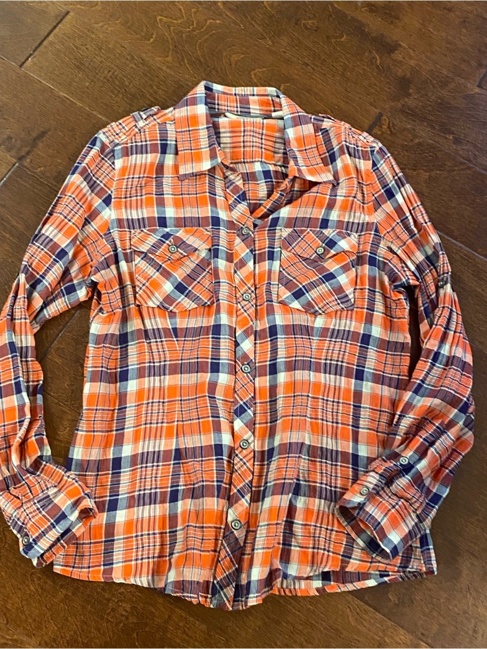 Natural Reflections Orange & Navy Plaid Button Down Stretch Shirt Size Large